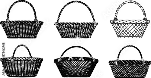 Six vintage wicker baskets various shapes and weaves black and white illustration