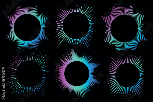 A set of multicolor equalizers made of burst beams. Radial sound, neon sound waves. Music symbol, circular sound waves, digital communication.