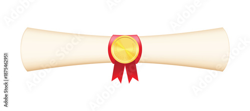 A paper scroll with a graduate diploma about graduation of university, college, school, education certificate, graduation degree. Diploma decorated with a wax seal and a red ribbon