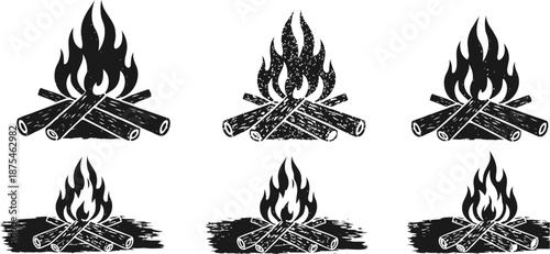 Black campfire icons with burning flames and wooden logs in various rough grunge styles