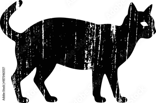 Black cat silhouette with distressed texture standing sideways on white background