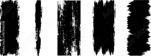 set of black ink brush strokes and paint texture elements on white background