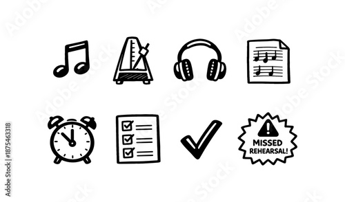 Hand-drawn music icons for practice, timing, and performance, including notes, metronome, and headphones