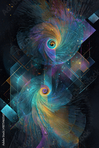 Soft chalk spirals merging with abstract geometric bits