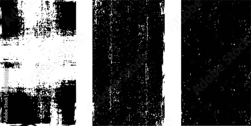 Set of three black and white distressed grunge textures with worn, scratched, and faded patterns