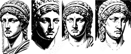 Classical greek sculpture heads of apollo with detailed hair and facial features in black and white