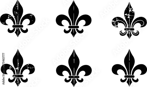 Six black fleur de lis symbols with varying distressed and clean designs on white background