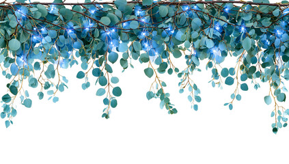 Garlands of teal leaves and blue lights hanging against a black backdrop