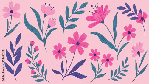 Pink flowers and leaves vector set for floral design decoration