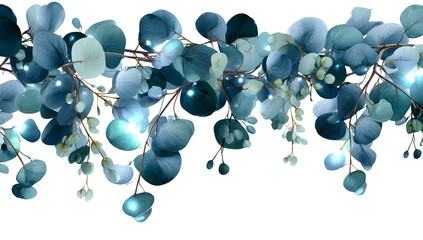 A garland of teal eucalyptus leaves and small white buds on black background