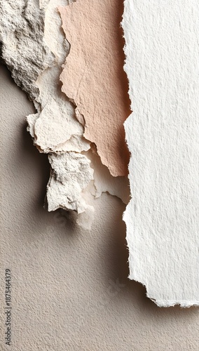 Beige background with artistic torn paper edges in varying shades creating a layered and textured effect