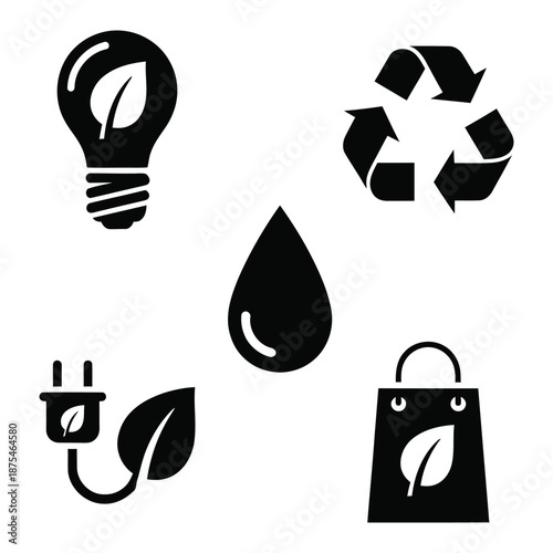 Icon set of environmental symbols including recycling bulb and green shopping bag