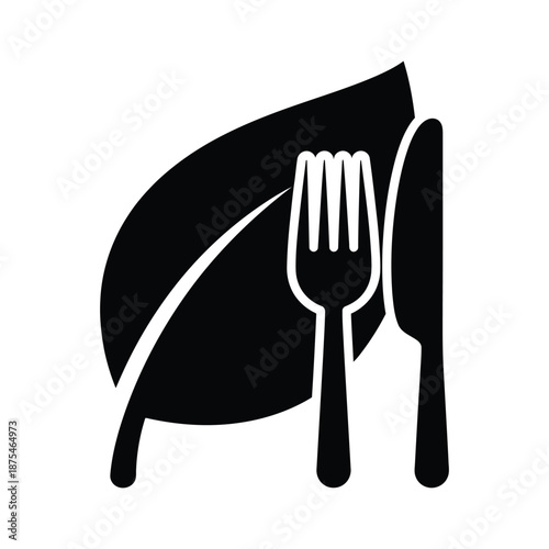Fork and knife with leaf for organic food and vegan dining concept