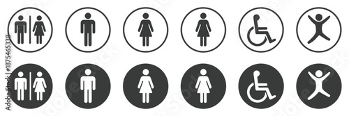 Toilet icons set with man and woman symbols, WC and restroom signs, bathroom vector illustration, public facility, hygiene, and navigation concept.