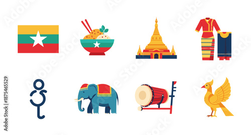 Myanmar culture icons: flag, food, pagoda, traditional clothing, elephant, drum, bird