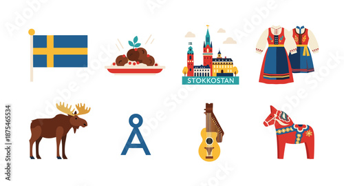 Collection of Swedish cultural icons and symbols on a white background
