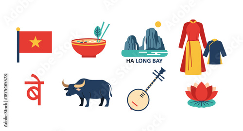 Collection of Vietnamese cultural symbols and landmarks in a flat design style