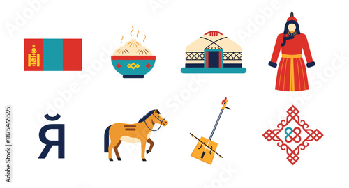Mongolian cultural symbols collection with flag, food, dwelling, and traditional attire