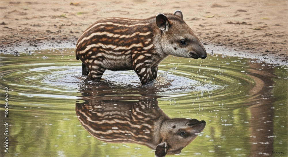 Obraz premium Baby tapir enjoys a refreshing swim in a peaceful pond