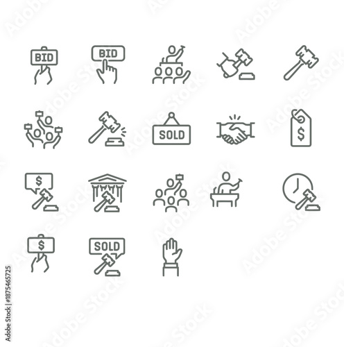 Auction icons collection illustrating various sale and bidding concepts in a simple, line-art style