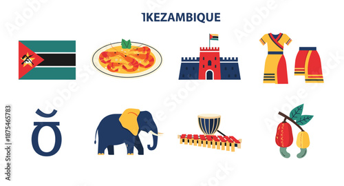 Mozambique cultural symbols and landmarks collection, a vibrant illustration