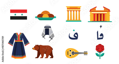 Syrian cultural symbols and landmarks in a flat design illustration