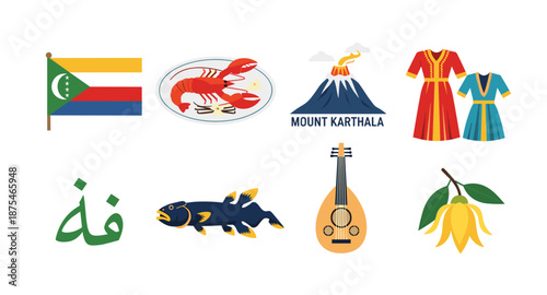 Comoros National Symbols and Landmarks Collection Flat Icons