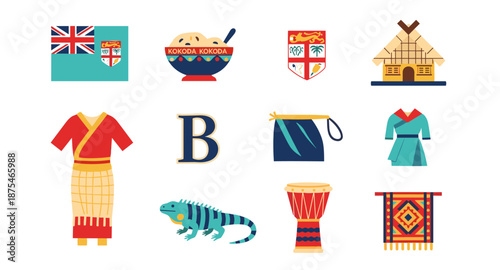 Fiji cultural symbols and elements collection, flat design icons
