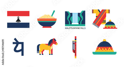 Collection of Lesotho cultural symbols and landmarks in a flat design style