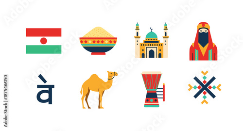 Collection of flat design icons representing African culture and symbols