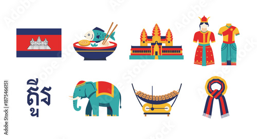 Cambodia travel icons featuring Angkor Wat, flag, traditional food, clothing, and elephant