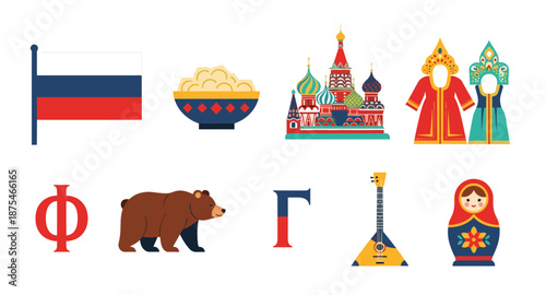 Collection of Russian cultural symbols and landmarks in a flat design style