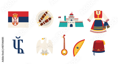 Serbia Travel Icons: Flag, Food, Castle, Traditional Clothing, Eagle, Music, and Hat
