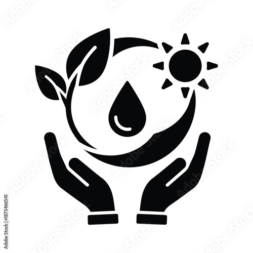 Hands holding globe with sun leaf and water drop for environmental protection