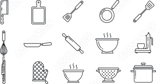 Collection of simple black line art icons representing essential kitchen cooking tools utensils and culinary preparation equipment for cooking websites or apps