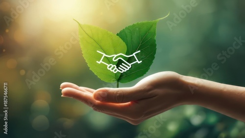 Hand holding two leaves with a handshake graphic