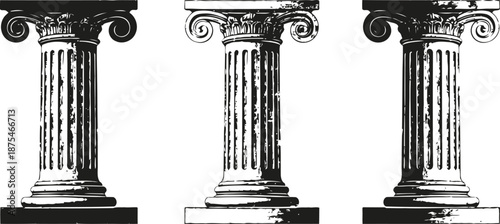 Three black and white classical architectural columns with ornate capitals in vintage engraving