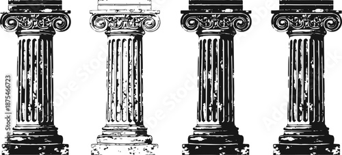 Ancient architectural columns set with ornate ionic capitals, weathered texture, classic greek design elements