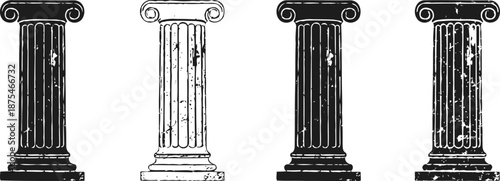 Set of four classical architectural columns, vintage with fluted shafts and capitals