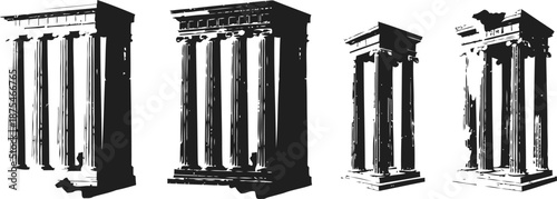 Ancient greek architectural columns in black silhouette with fluted shafts and capitals