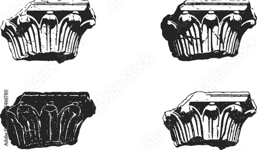 Four ornate classical corinthian column capitals, detailed architectural elements black ink drawing