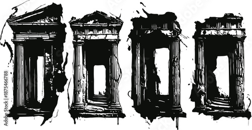 Ancient classical windows in black ink splatter with ornate architectural details