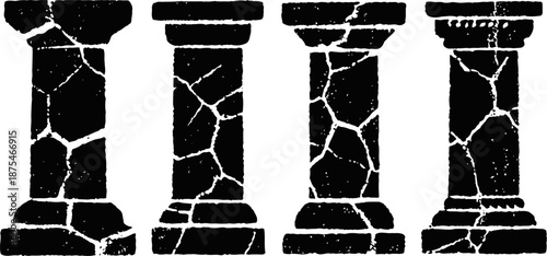 Set of ancient cracked stone pillars with textured surfaces isolated on white background