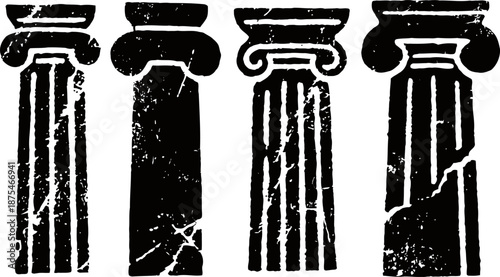 Ancient greek columns silhouettes with distressed texture, classical architectural stone pillars