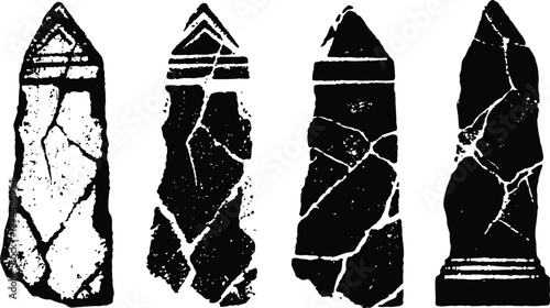 Silhouette illustration of ancient stone tools or arrowheads with distinct cracked and chipped edges