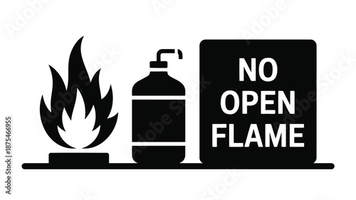 No open flame warning sign with fire and extinguisher