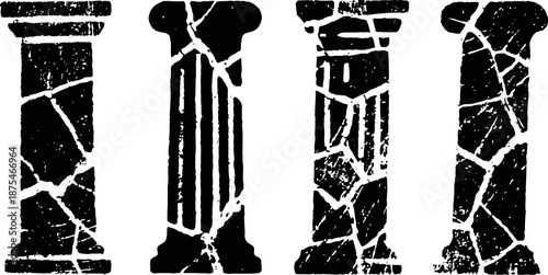 Ancient broken black and white stone pillars silhouette set cracked ruins, historical architecture fragments