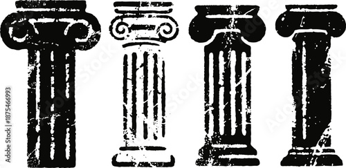 Set of ancient architectural columns silhouettes classic stone pillars with different capitals designs vintage decorative ornaments in black