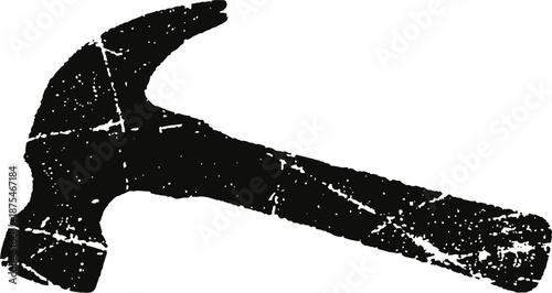 black silhouette of a hammer with a textured, distressed effect on a white background