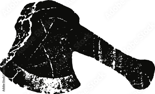 Vintage rough axe with worn blade and handle silhouette isolated on white